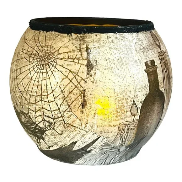 Handmade Halloween Design Glass Dome Candle Holder “Witches Cauldron” Decoupaged - Picture 6 of 13